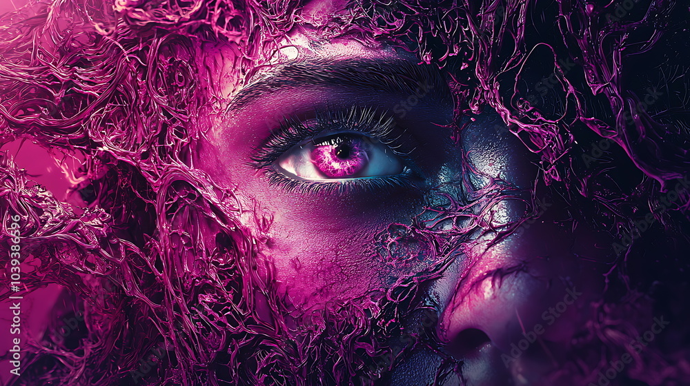 Poster artistic closeup of a mesmerizing eye surrounded by vibrant abstract textures representing intricate