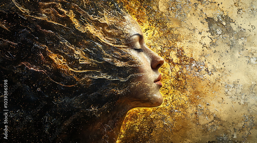 Poster Artistic representation of a serene profile merging with flowing elements embracing tranquility and beauty in abstract form