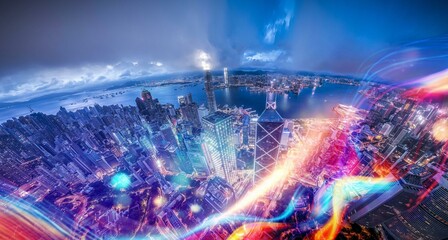 Aerial view of a bustling cityscape at night with a harbor and skyscrapers.