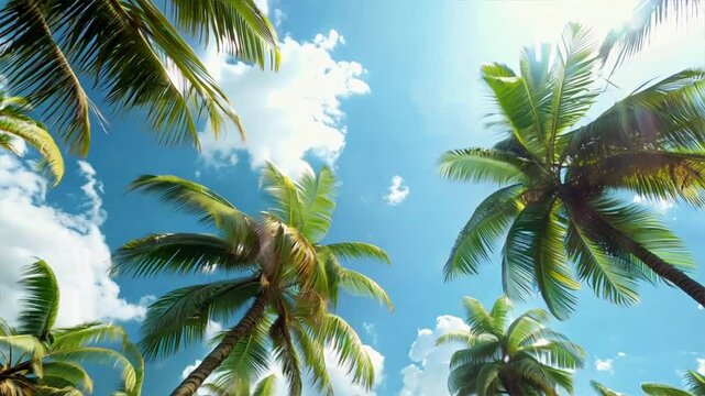 Lush palm trees sway under bright blue sky with fluffy clouds, inviting you to tropical paradise filled with vibrant greenery, sunlight, and essence of summer vacation in nature.