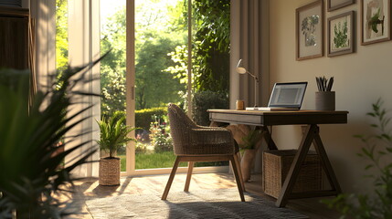 Obraz premium Bright and cozy home office design featuring a serene garden view lush plants and inviting natural light for an inspiring workspace
