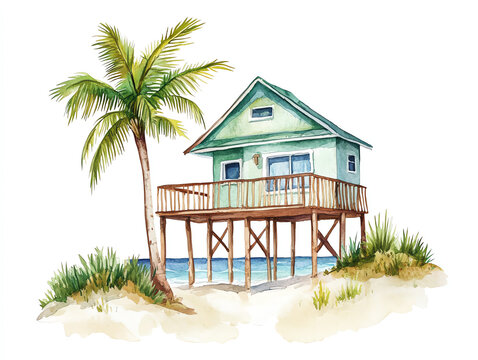 recommend clip art: Watercolor beach houses with palm trees, clipart, isolated on white, perfect for summer holiday and vacation promotions