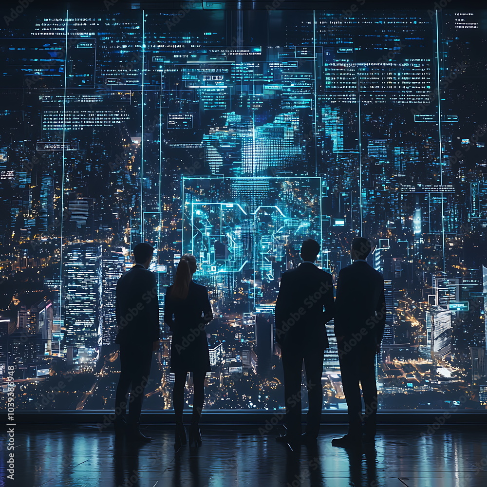Poster business professionals analyzing digital cityscape data visualizations for enhanced analytical insig
