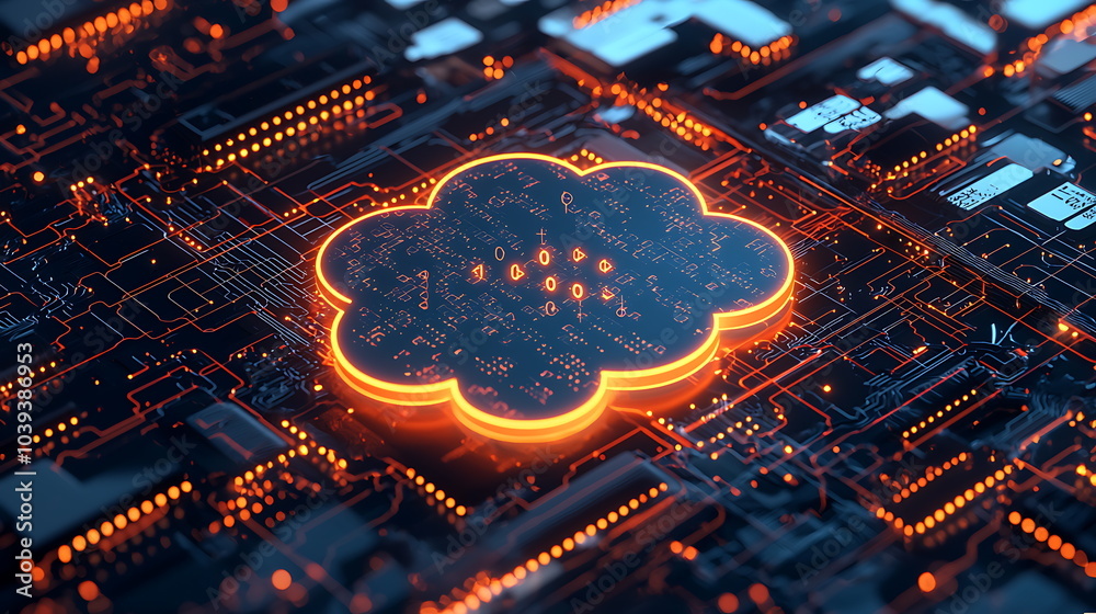 Poster Innovative cloud computing symbol illuminated on a digital circuit board showcasing the future of technology and connectivity