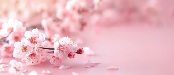 Delicate pink cherry blossom flowers on a soft pastel background.