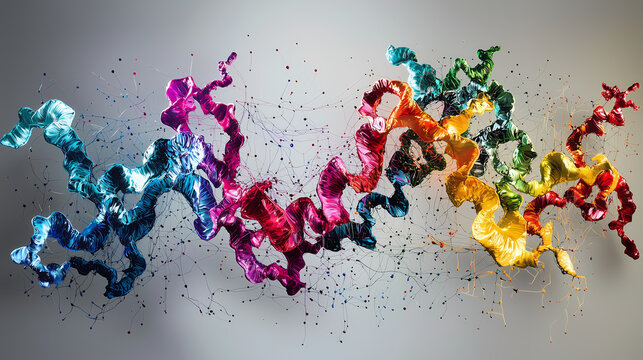 vibrant visualization of protein folding showcases colorful, twisting structures that represent molecular dynamics. This artistic representation highlights complexity and beauty of biological