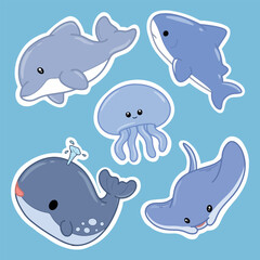 Set of cute cartoon whales and jellyfishes. Vector illustration.