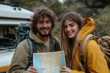 Young couple using map on a roadtrip, Generative AI