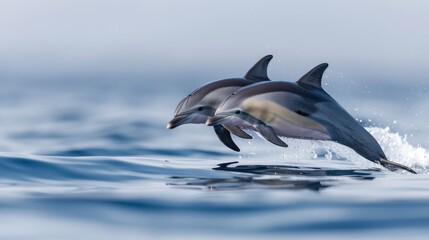 Fototapeta premium Dolphins jumping gracefully over the calm ocean water.