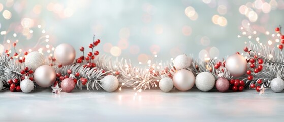 Elegant Christmas decorations with baubles and berries on a soft bokeh background.