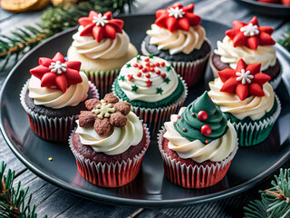 Delicious nice colorful decorated Christmas cupcakes on a elegant plate