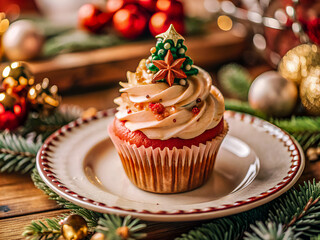 Delicious nice colorful decorated Christmas cupcakes on a elegant plate