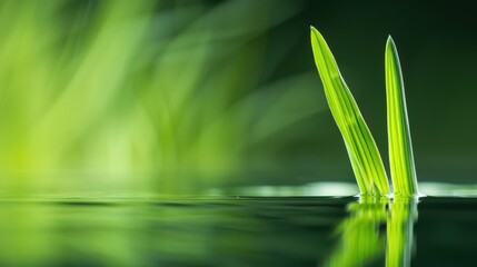 Fresh green grass blades emerging from tranquil water surface.