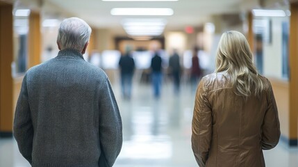 Fototapeta premium A couple walks down a hospital corridor, reflecting on the moments shared together.