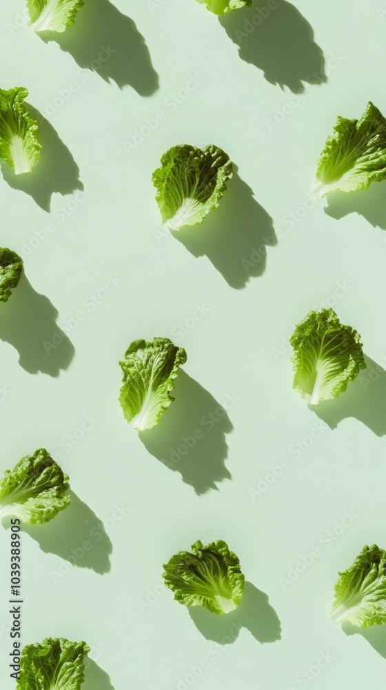 Poster bright and vibrant pattern of green lettuce bags on light green background with soft shadows for dep