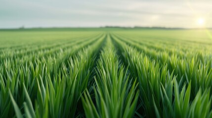 Lush green grass field under a bright sky at sunset.