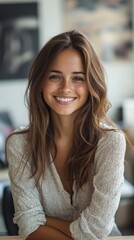 Happy female designer smiling at the camera in her office, Generative AI