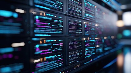 Abstract digital data on screen with colorful code snippets, high-tech background.