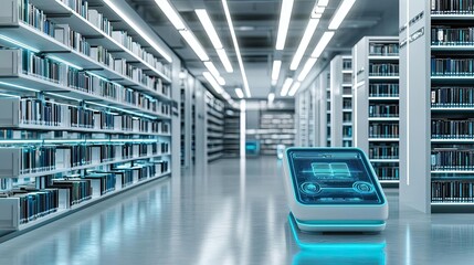 Obraz premium Futuristic library with digital interfaces and glowing shelves in a modern design.