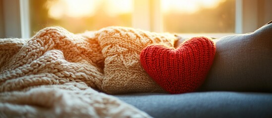 Cozy knitted blanket with a red heart on a couch near window.
