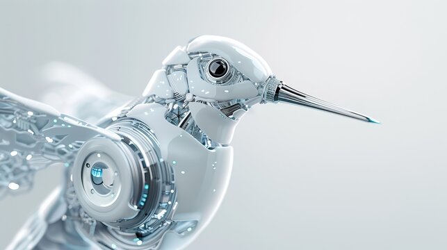 Robotic hummingbird design, high-tech features, white isolated background.