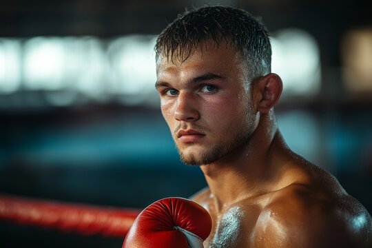 Pensive boxer standing in one corner of a ring without gloves, Generative AI