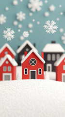 A picturesque depiction of a winter village featuring quaint red and black houses adorned with snow creating a warm and inviting holiday ambiance