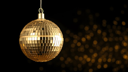 Small gold disco ball black background. Generative AI