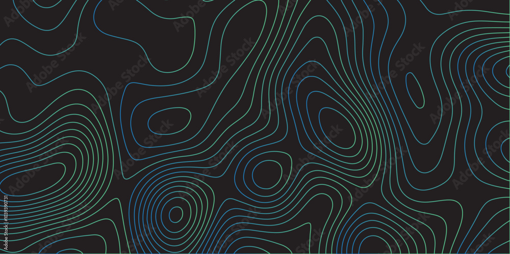 Poster Abstract black colorful gradient Topographic line map pattern background. Contour elevation topographic and textured Background Modern design with black background with topographic wavy Patte and dot	