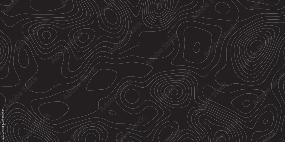 Poster Abstract white on black background Topographic line map pattern. Contour elevation topographic and textured Background Modern design with black background with topographic wavy patted.	