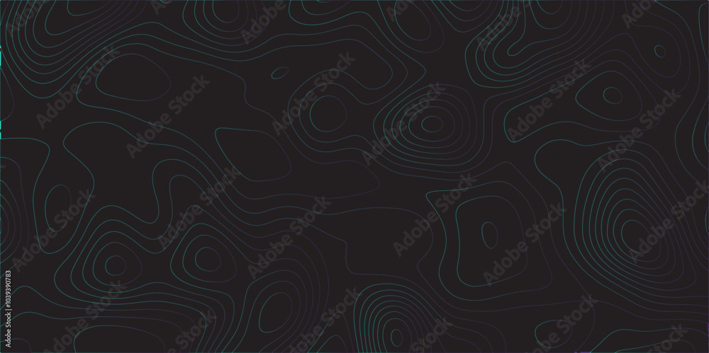 Poster Abstract black colorful gradient Topographic line map pattern background. Contour elevation topographic and textured Background Modern design with black background with topographic wavy Patte and dot	