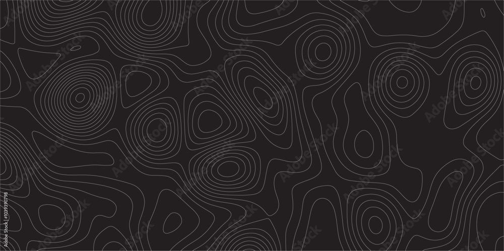 Poster Abstract white on black background Topographic line map pattern. Contour elevation topographic and textured Background Modern design with black background with topographic wavy patted.	