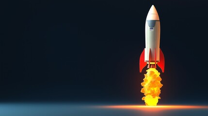 3D Rocket Launch with Fiery Ignition, Symbolizing Business Growth and Innovation
