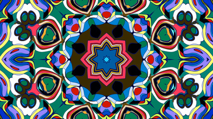 Abstract colorful psychedelic mandala kaleidoscope background pattern for a summer music festival
