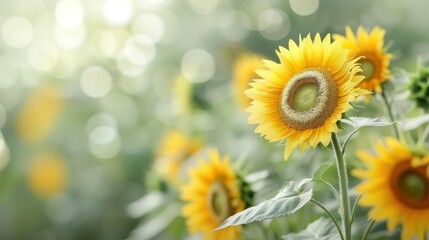 Obraz premium Vibrant sunflowers blooming in a lush green field with a soft bokeh background.