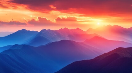 Fototapeta premium Majestic sunset over mountain ranges, showcasing vibrant colors and serene atmosphere.
