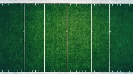 Overhead drone shot of a green football field with white markings and minimal players scattered for practice  The deep depth of field creates a minimalist and serene sports landscape