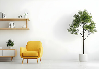 Bright Yellow Armchair Against a White Wall and Shelves