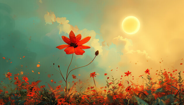 &OElig;uvre artistique repr&eacute;sentant une fleure sous un coucher de soleil