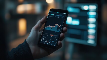 A person holding a smartphone displaying a stock market chart and data analysis.