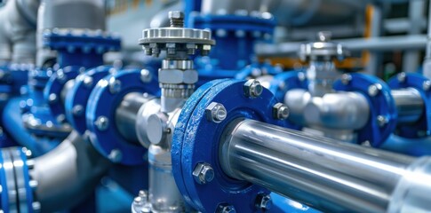 Obraz premium industrial piping system, blue pipes and valves, metallic fittings, manufacturing industry, factory equipment, close up view of plumbing infrastructure
