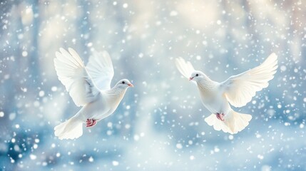 Obraz premium Two white doves flying gracefully in a snowy landscape, creating a serene winter scene.