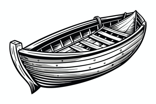 recommend clip art: Elegant Wooden Boat Engraving Black and White Outline Illustration on white background.