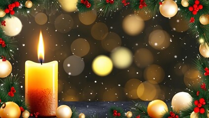 Holiday background decor with a flickering candle on a black backdrop adorned with Christmas bokeh. Created with generative AI technology