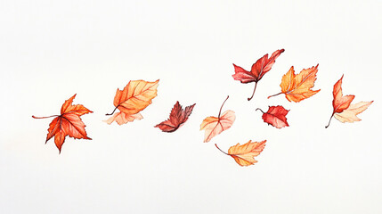 Watercolour leaves flying on the wind isolated on white background.