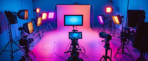 A professional film set with multiple cameras, lights and tripods in a studio.