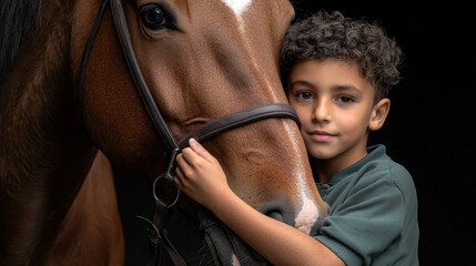 A young boy embraces a horse, showcasing a moment of friendship and connection in a dark setting.