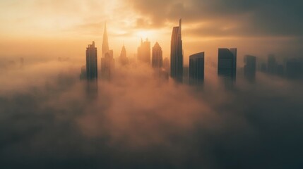 Fototapeta premium A city skyline shrouded in fog during sunrise, creating a mystical atmosphere.