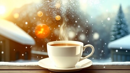 Fototapeta premium Warm cup of tea or hot chocolate resting on a windowsill, surrounded by a cozy Christmas scene. Seamless loop video. Created with Generative AI Technology