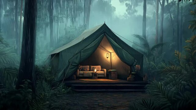 A cozy camping tent in the middle of the rainforest, lit with lantern light, with rain falling outside.